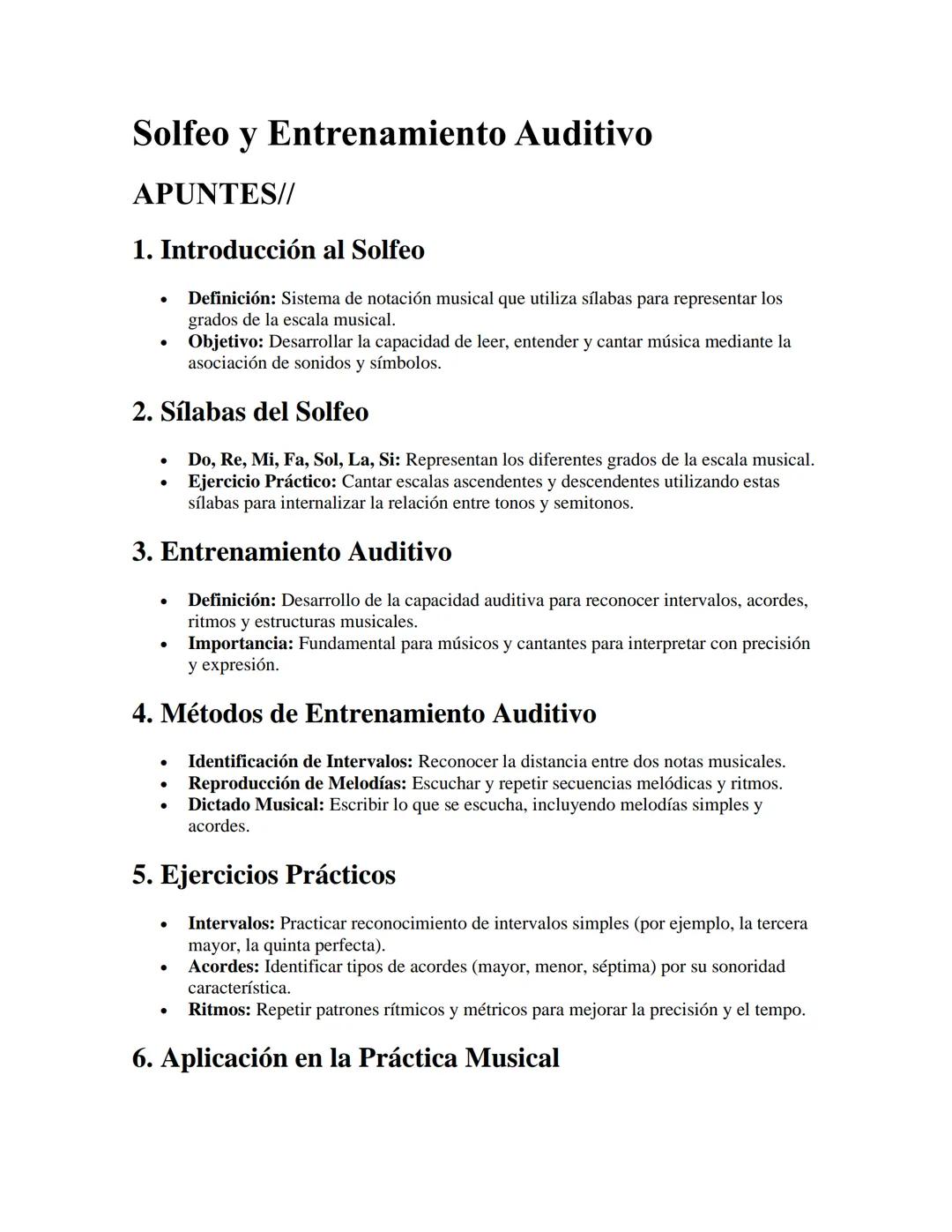 Solfeo y Entrenamiento Auditivo
APUNTES//
1. Introducción al Solfeo
•
•
Definición: Sistema de notación musical que utiliza sílabas para rep