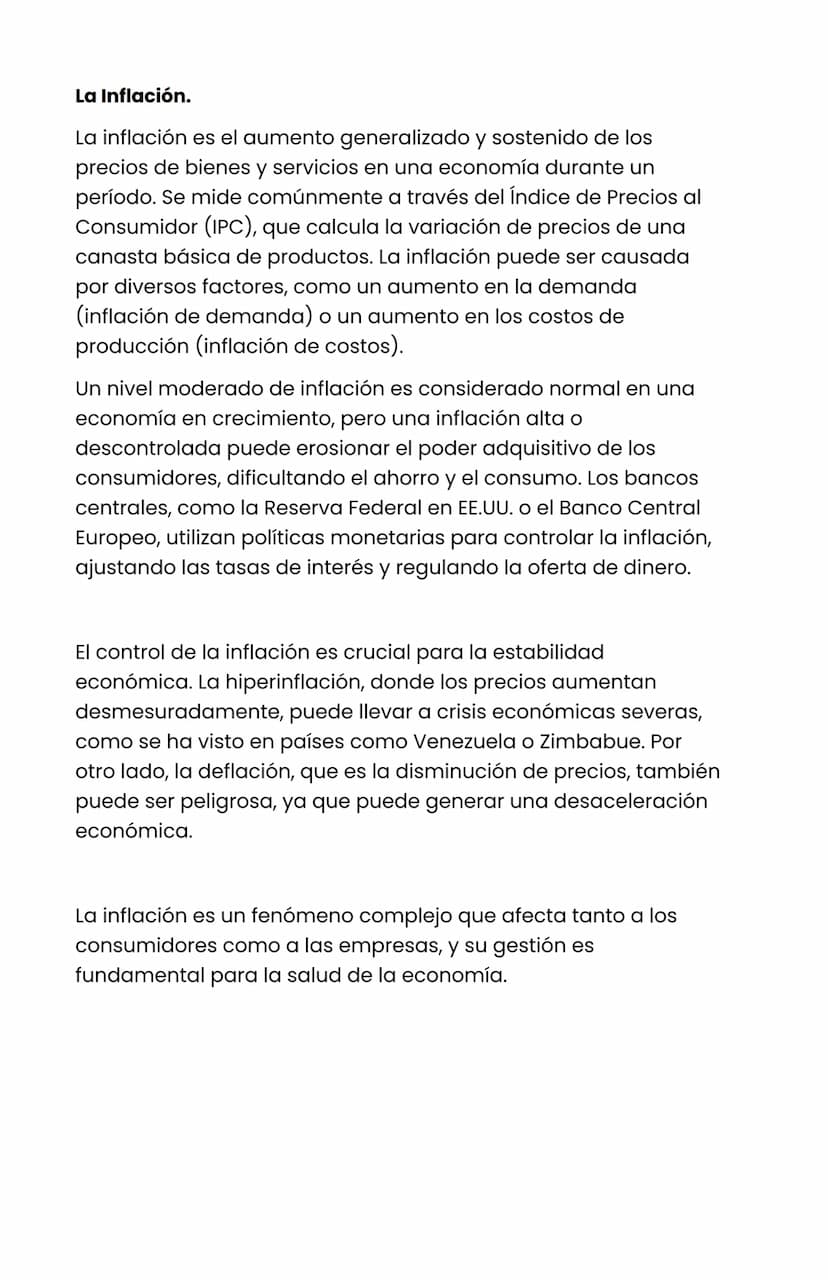 La Inflación.
La inflación es el aumento generalizado y sostenido de los
precios de bienes y servicios en una economía durante un
período. S
