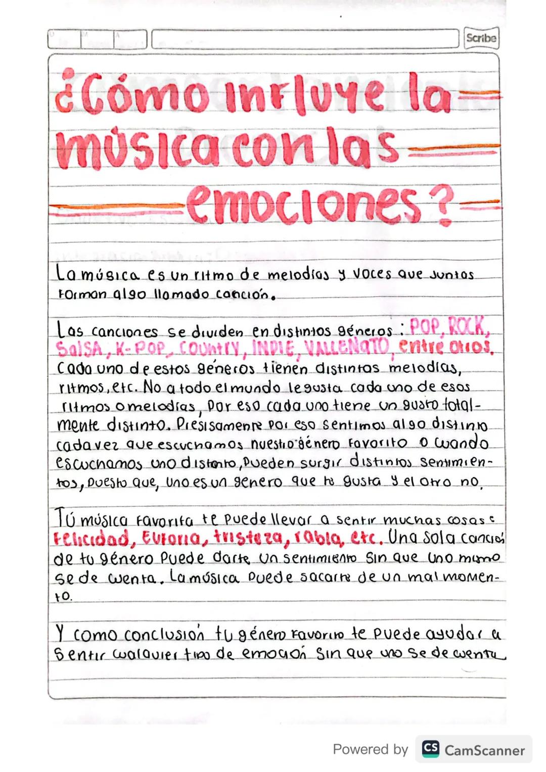 Scribe
¿Cómo influye la-
música con las
emociones?
La música es un ritmo de melodías y voces ave Juntas.
Forman algo llamado canción..
Las c