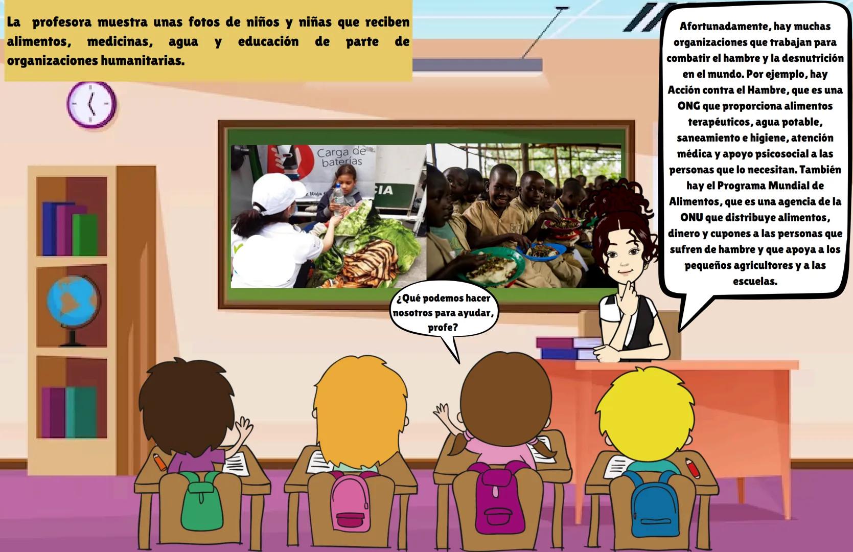 Buenos días, clase. Hoy
vamos a hablar de un tema
muy importante y muy triste:
la hambruna, el hambre y la
desnutrición. ¿Alguien sabe
qué s