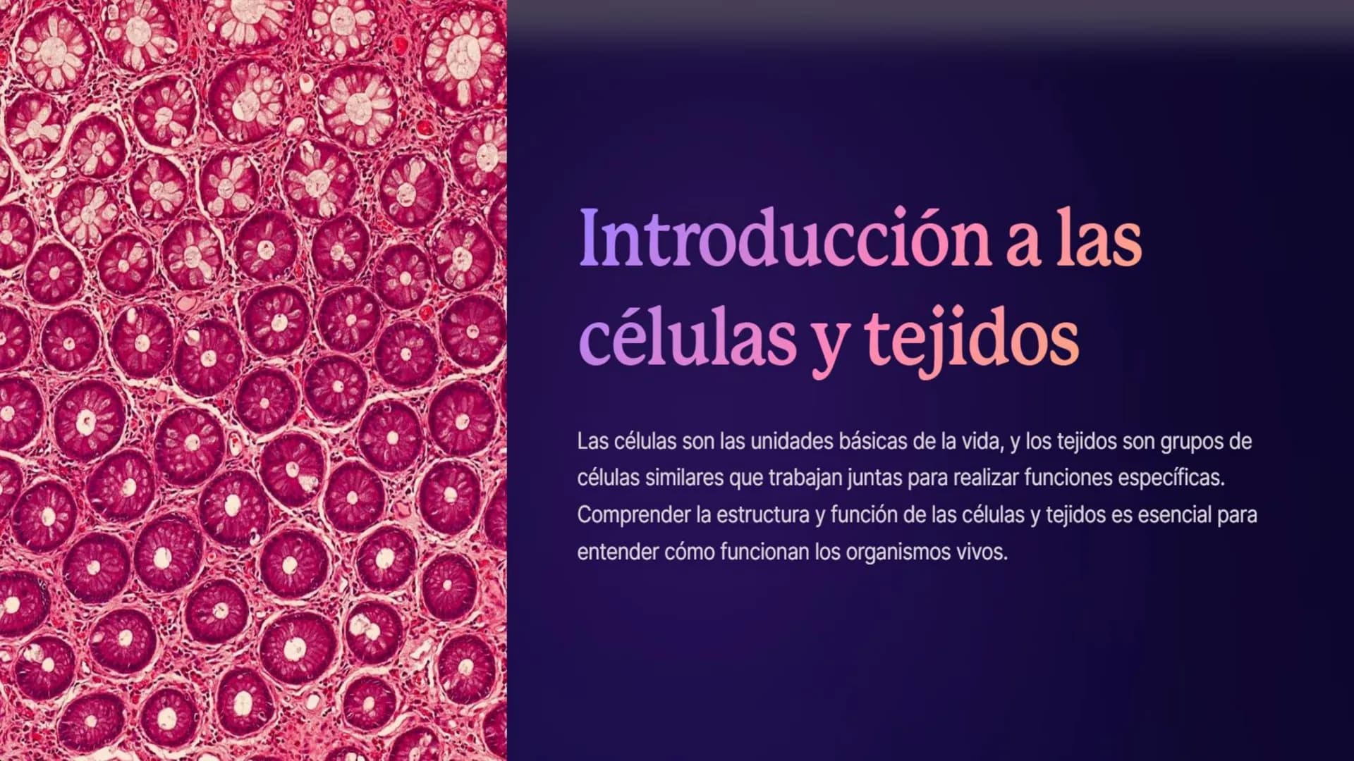 Introducción a las
células y tejidos
Las células son las unidades básicas de la vida, y los tejidos son grupos de
células similares que trab