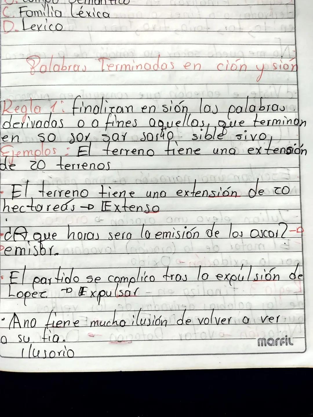 C. Familia Léxica

D. Lexico

Palabras Terminados en ción y sión

Regla 1: finalizan en sión, las palabrasu
derivadas
o a fines aquellos, qu