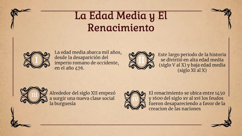 La Edad Media y El
Renacimiento
La edad media abarca mil años,
desde la desaparición del
imperio romano de occidente,
en el año 476.
III
Alr