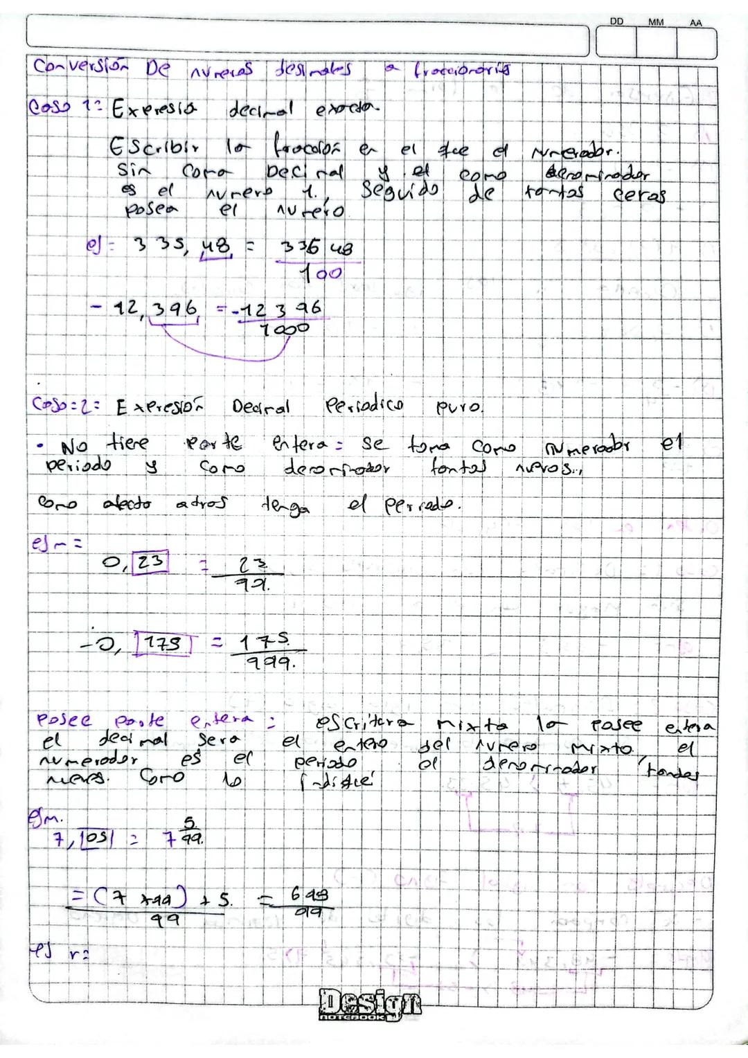 DD MM
AA
Conversión De numeras desimales a frocciororis
Caso 12 Expresia decimal exorta
Escribir la fracolón en el que et unerador.
Sin Coma