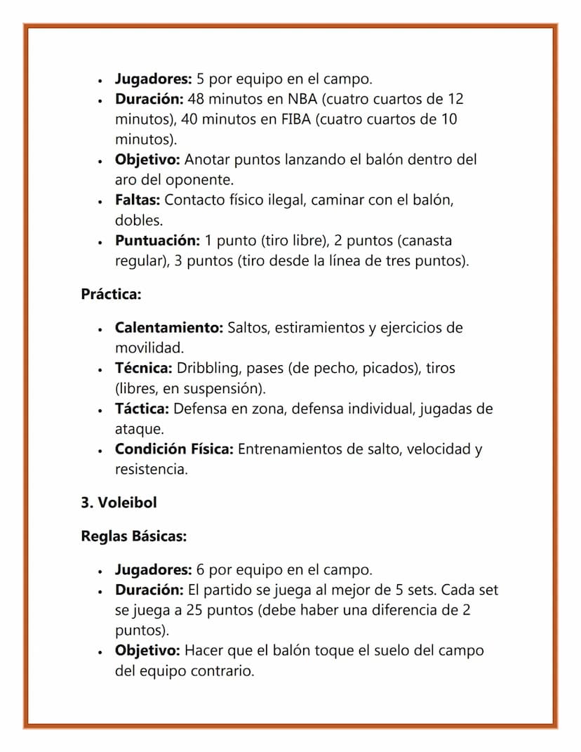 Reglas y Práctica
de Deportes
1. Fútbol
Reglas Básicas:
•
•
•
Jugadores: 11 por equipo en el campo.
Duración: 90 minutos, divididos en dos t