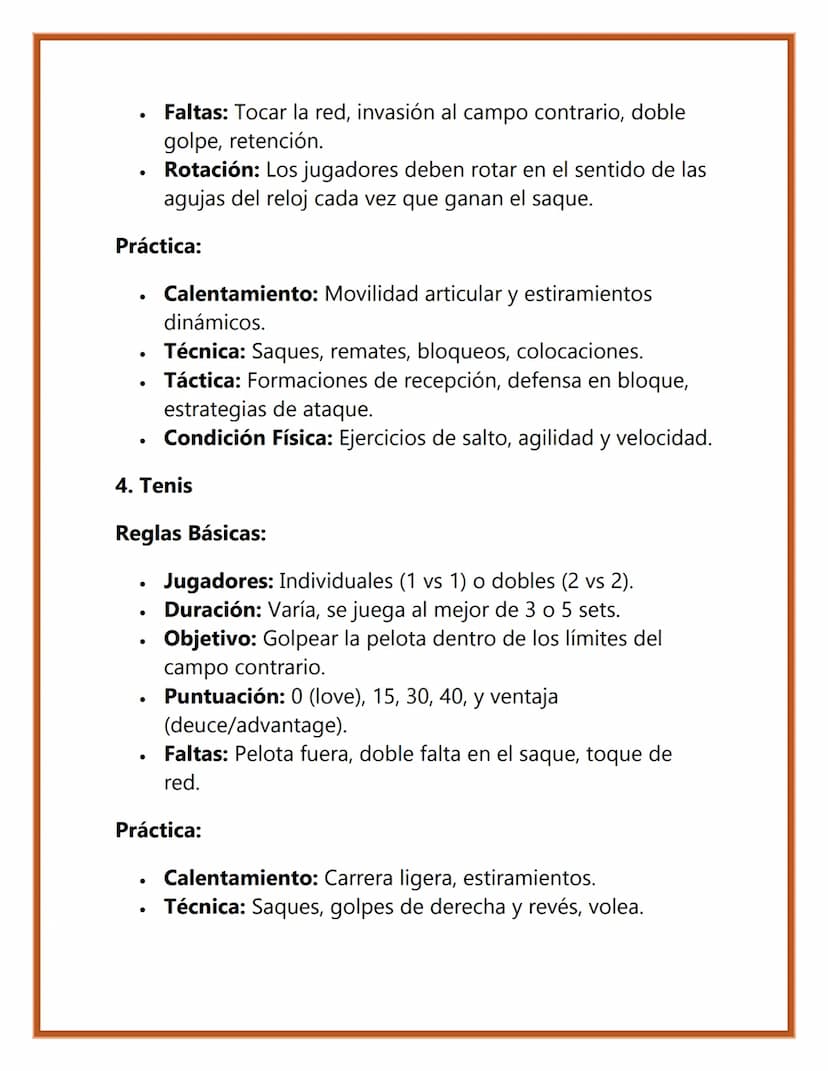 Reglas y Práctica
de Deportes
1. Fútbol
Reglas Básicas:
•
•
•
Jugadores: 11 por equipo en el campo.
Duración: 90 minutos, divididos en dos t