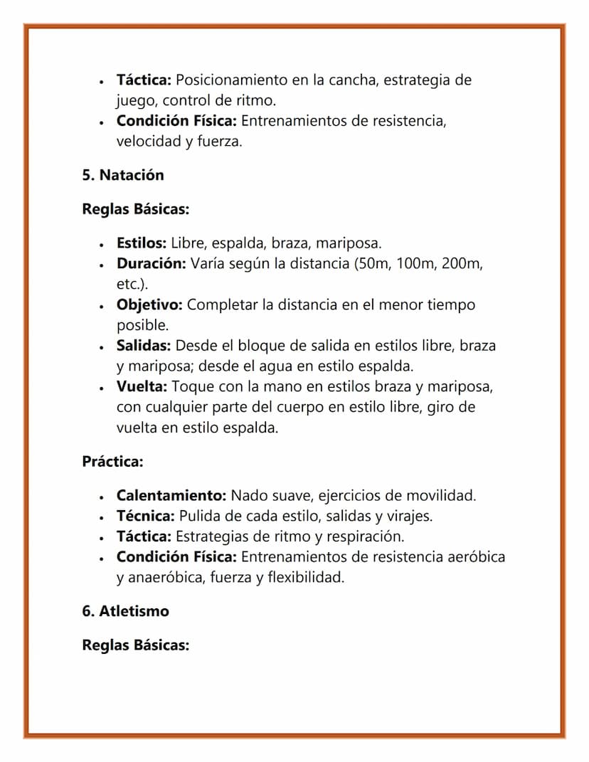 Reglas y Práctica
de Deportes
1. Fútbol
Reglas Básicas:
•
•
•
Jugadores: 11 por equipo en el campo.
Duración: 90 minutos, divididos en dos t