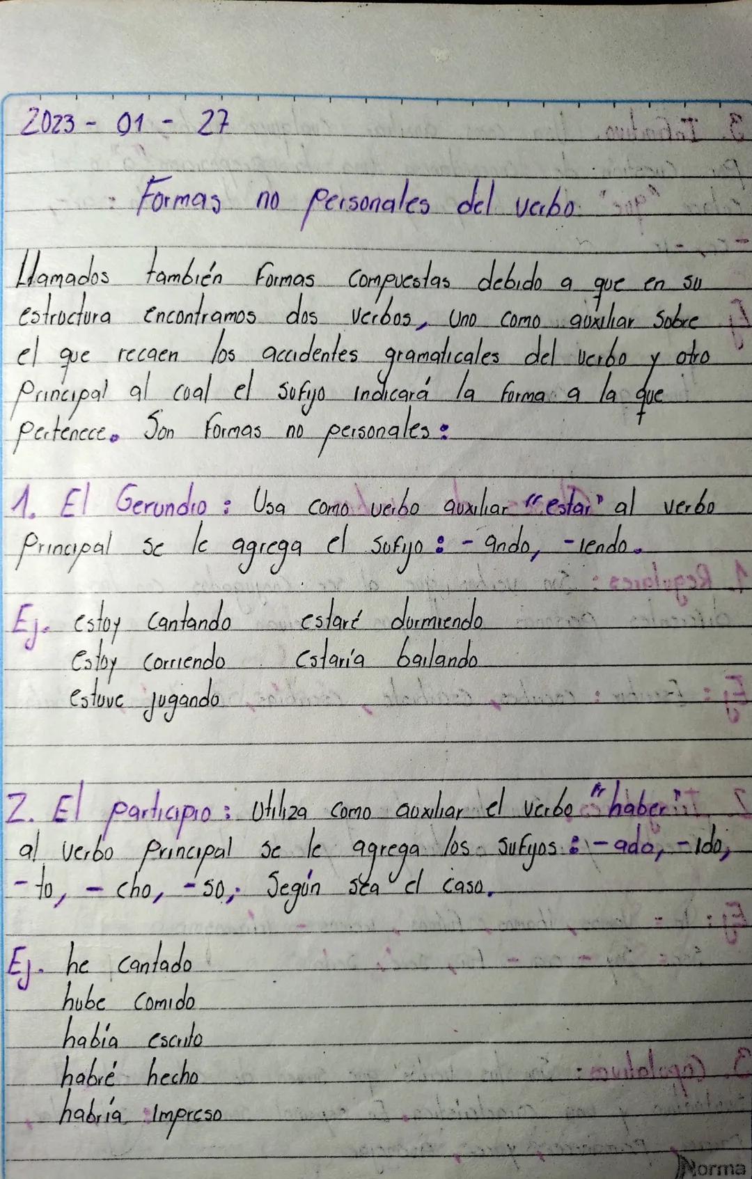 2023 0127
Formas no
personales del vabo p
el
recaen
Hamados también Formas compuestas debido a que en su
estructura encontramos dos verbos, 