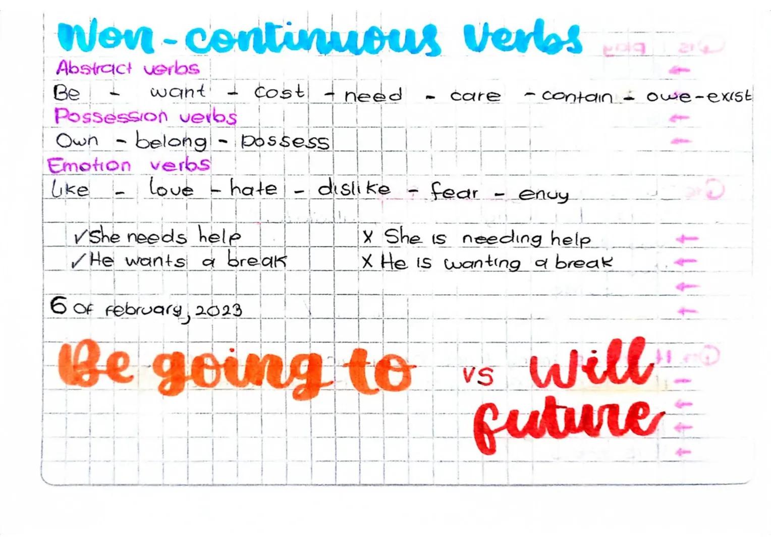 # Won-continuous verbs daar

Abstract verbs
Be - want - Cost - need - care - contain - owe-exist
Possession verbs
Own - belong - possess
Emo