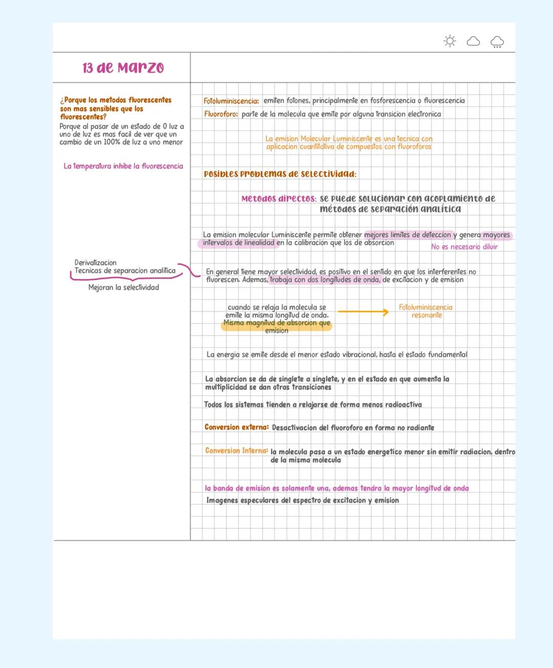 13 de marzo

¿Porque los metodos fluorescentes
son mas sensibles que los
fluorescentes?
Porque al pasar de un estado de O luz a
uno de luz e