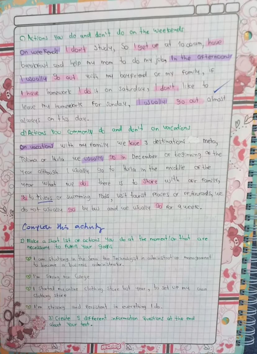 10
ACTIVITY
•—my Routine.
WRITTEN 70%D
Incomate.
OBAL
Name: Manuela leal Guacary
File: 2501517
Color Codes
(verbs in the affirmative and neg