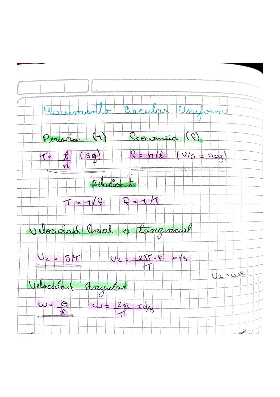 Quimento Circular Uniforms
Речоба (т)
T= ± (sg)
n
Relacion t
T=
T-S
Velocidad linea
N2 = SK
ล
freevencia (f)
f = nlt (u/s o seg)
Longincial
