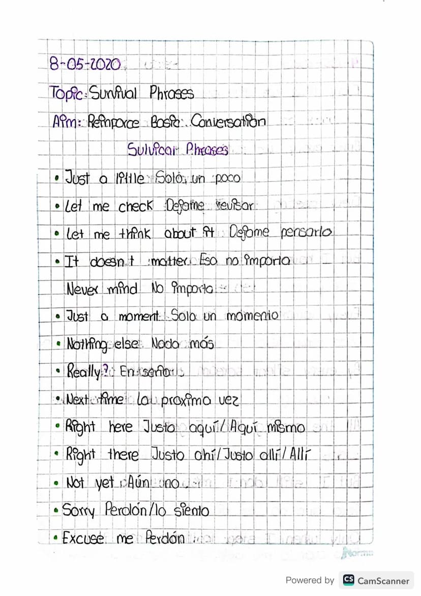 8-05-2020
Topic: Survival Phrases.
Aim: Reinforce Basic Conversation
Sulvical Phrases
Just a little Solo, un poco
• Let me check Defame revi