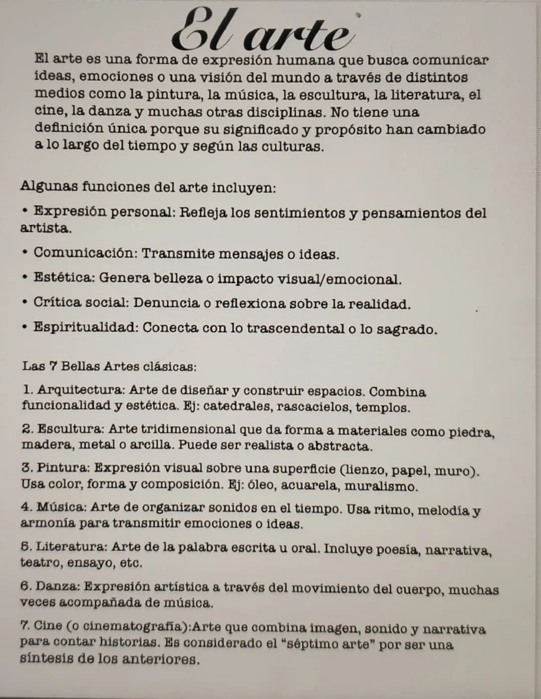 # El arte

El arte es una forma de expresión humana que busca comunicar
ideas, emociones o una visión del mundo a través de distintos
medios