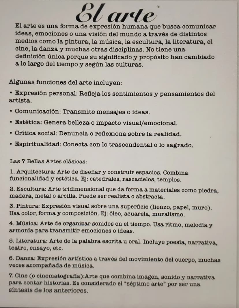# El arte

El arte es una forma de expresión humana que busca comunicar
ideas, emociones o una visión del mundo a través de distintos
medios