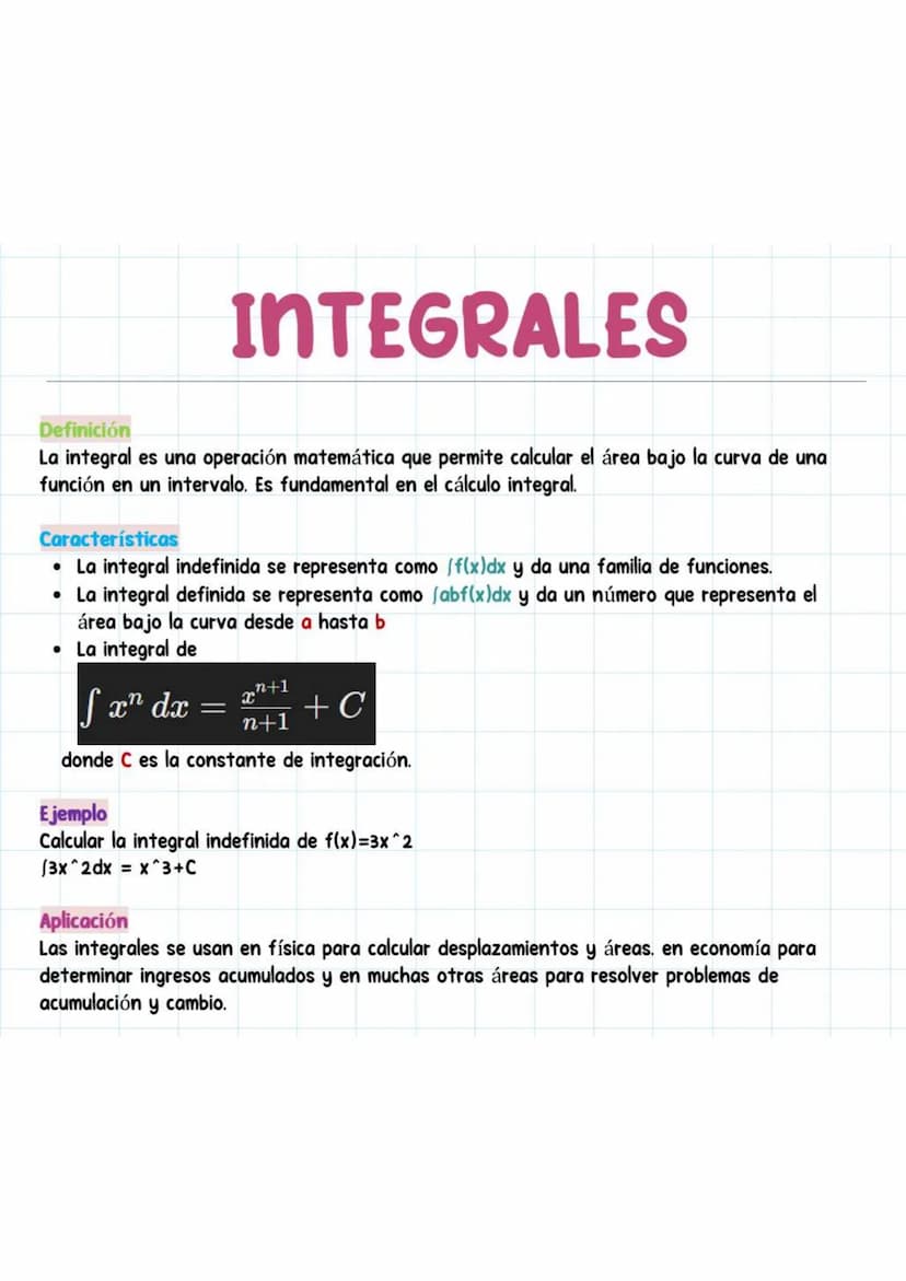 INTEGRALES
Definición
La integral es una operación matemática que permite calcular el área bajo la curva de una
función en un intervalo. Es 