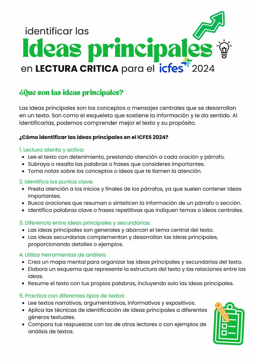 identificar las
Ideas principales
en LECTURA CRITICA para el icfes 2024
¿Qué son las ideas principales?
Las ideas principales son los concep