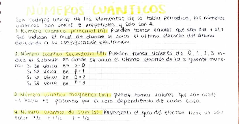 NUMEROS CUANTICOS
Son codigos unicos de los elementos de la tabla periodica, los números
Son unicos e irrepetibles y solo son 4.
cuanticos
1