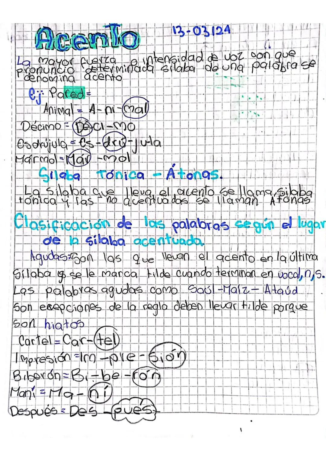 Acento
13-03124
La mayor fuerza o intensidad de voz con que
pronuncio determinada Silaba de una palabra se
denoming acento-
Cj Pared=
Animal