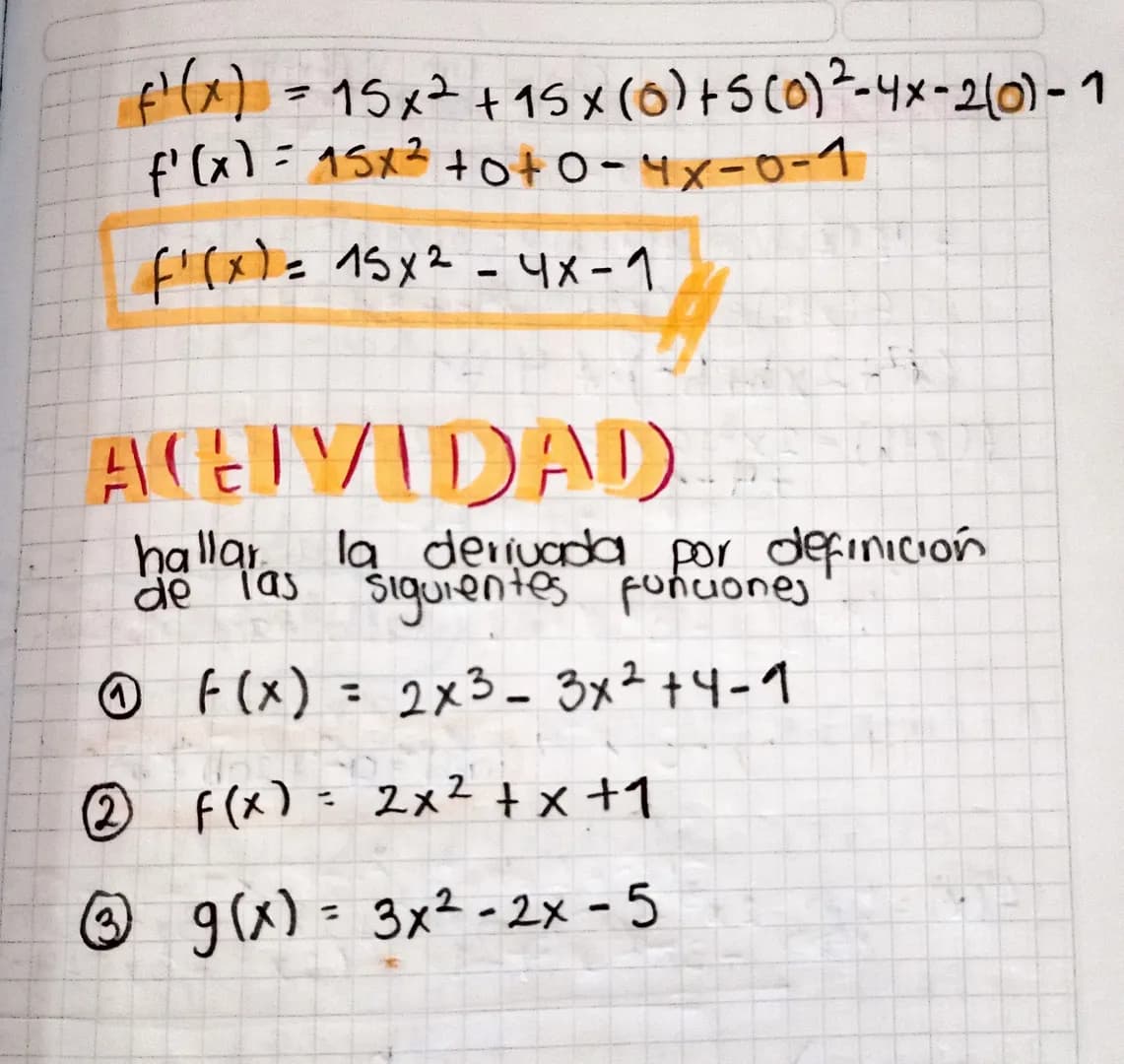 Lim
h+o
F(x+h) - f(x)
h
Deriva Das
f(x) = 5x3 - 2x² -x+4
f(xth) - 5(x+h) 3 -2(x+h)² - (xth) +4
=
f(x+h) - 5(x3 + 3x²h+3xh² +h³) -2(x+
+2xh+h
