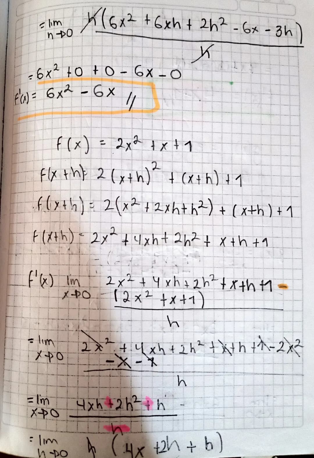 Lim
h+o
F(x+h) - f(x)
h
Deriva Das
f(x) = 5x3 - 2x² -x+4
f(xth) - 5(x+h) 3 -2(x+h)² - (xth) +4
=
f(x+h) - 5(x3 + 3x²h+3xh² +h³) -2(x+
+2xh+h