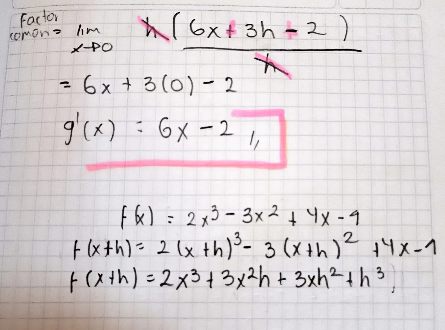 Lim
h+o
F(x+h) - f(x)
h
Deriva Das
f(x) = 5x3 - 2x² -x+4
f(xth) - 5(x+h) 3 -2(x+h)² - (xth) +4
=
f(x+h) - 5(x3 + 3x²h+3xh² +h³) -2(x+
+2xh+h