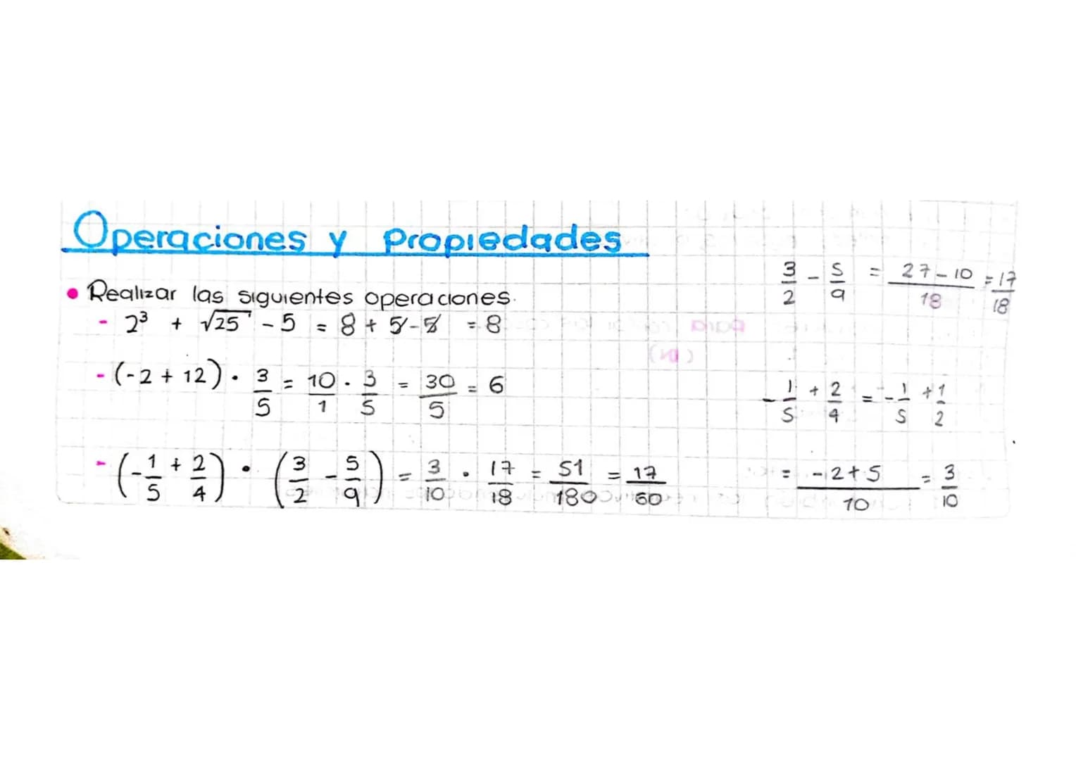 (C)
Operaciones y Propiedades
Realizar las siguientes operaciones.
23 √√25-5
-(-2+12) 3
•
5
=
8+ 5-8
= 10.3
1
315
=
30
--
2
•
5
· (3½ + ½) (