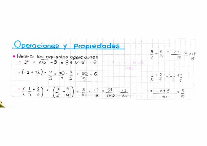 (C)
Operaciones y Propiedades
Realizar las siguientes operaciones.
23 √√25-5
-(-2+12) 3
•
5
=
8+ 5-8
= 10.3
1
315
=
30
--
2
•
5
· (3½ + ½) (
