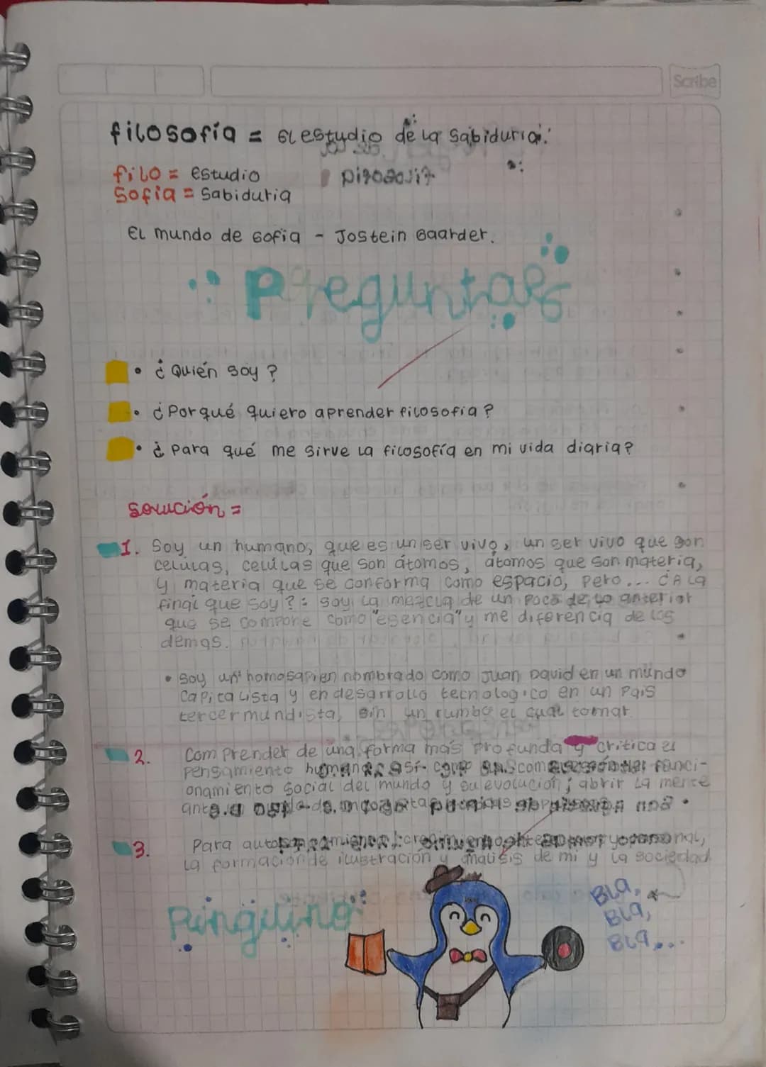 AR
Scribe
filosofia = blestudio
filo estudio
Sofia = Sabiduria
de la sabiduria:
pitoaojit
El mundo de sofia - Jostein Gaarder.
9
•
Preguntas