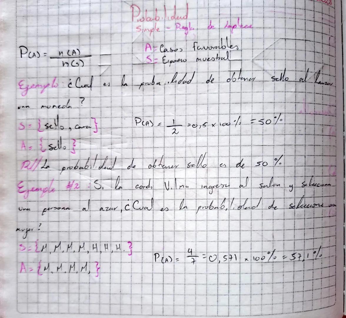 Postab liderd
Simple - Regle de lapece

$P(A) = \frac{n(A)}{n(G)}$

A Casos favorables
S- Espace muestral

Ejemplo:
Exemplo ¿Cual es la prob