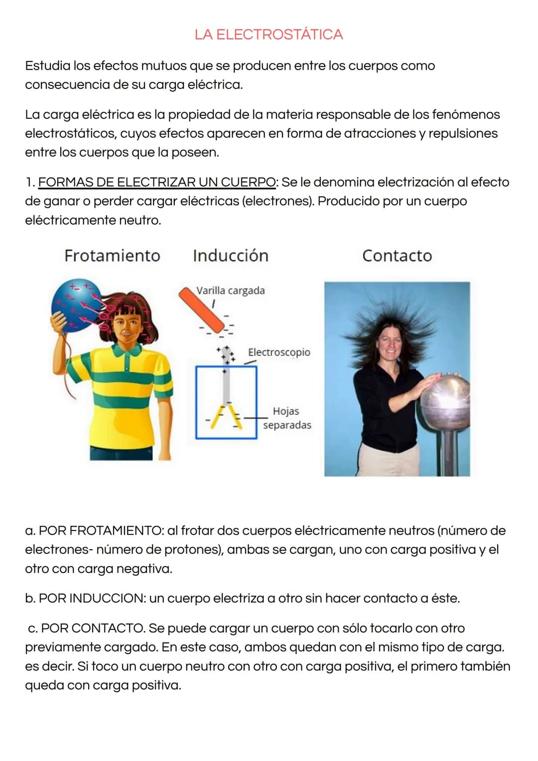 LA ELECTROSTÁTICA
Estudia los efectos mutuos que se producen entre los cuerpos como
consecuencia de su carga eléctrica.
La carga eléctrica e