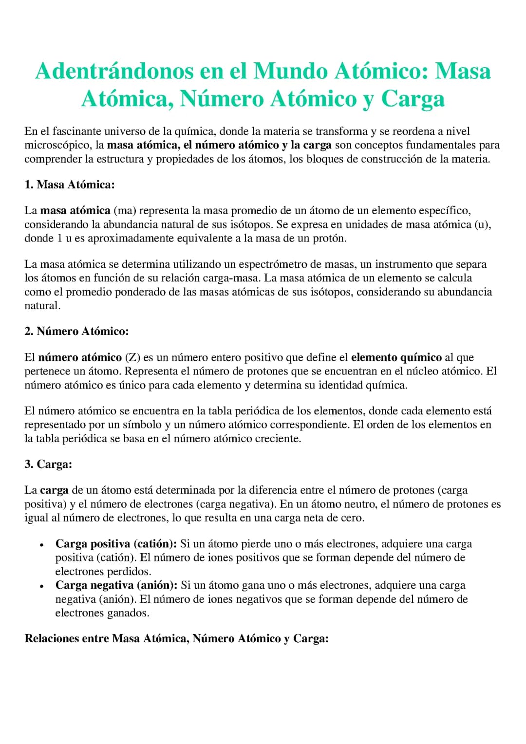 Masa  Atómica, Número Atómico y Carga