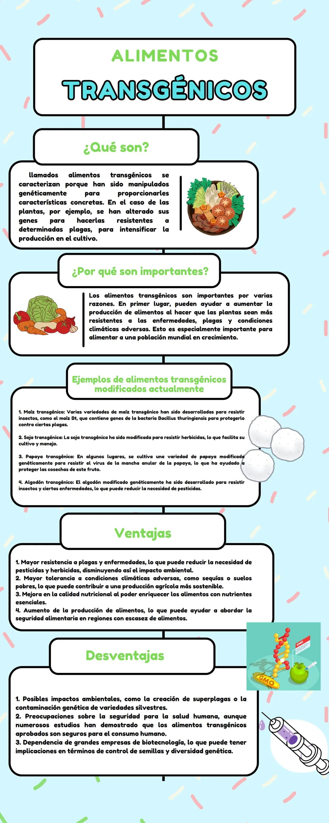 -
ALIMENTOS
TRANSGÉNICOS
¿Qué son?
llamados alimentos
transgénicos
se
caracterizan porque han sido manipulados
genéticamente
para proporcion