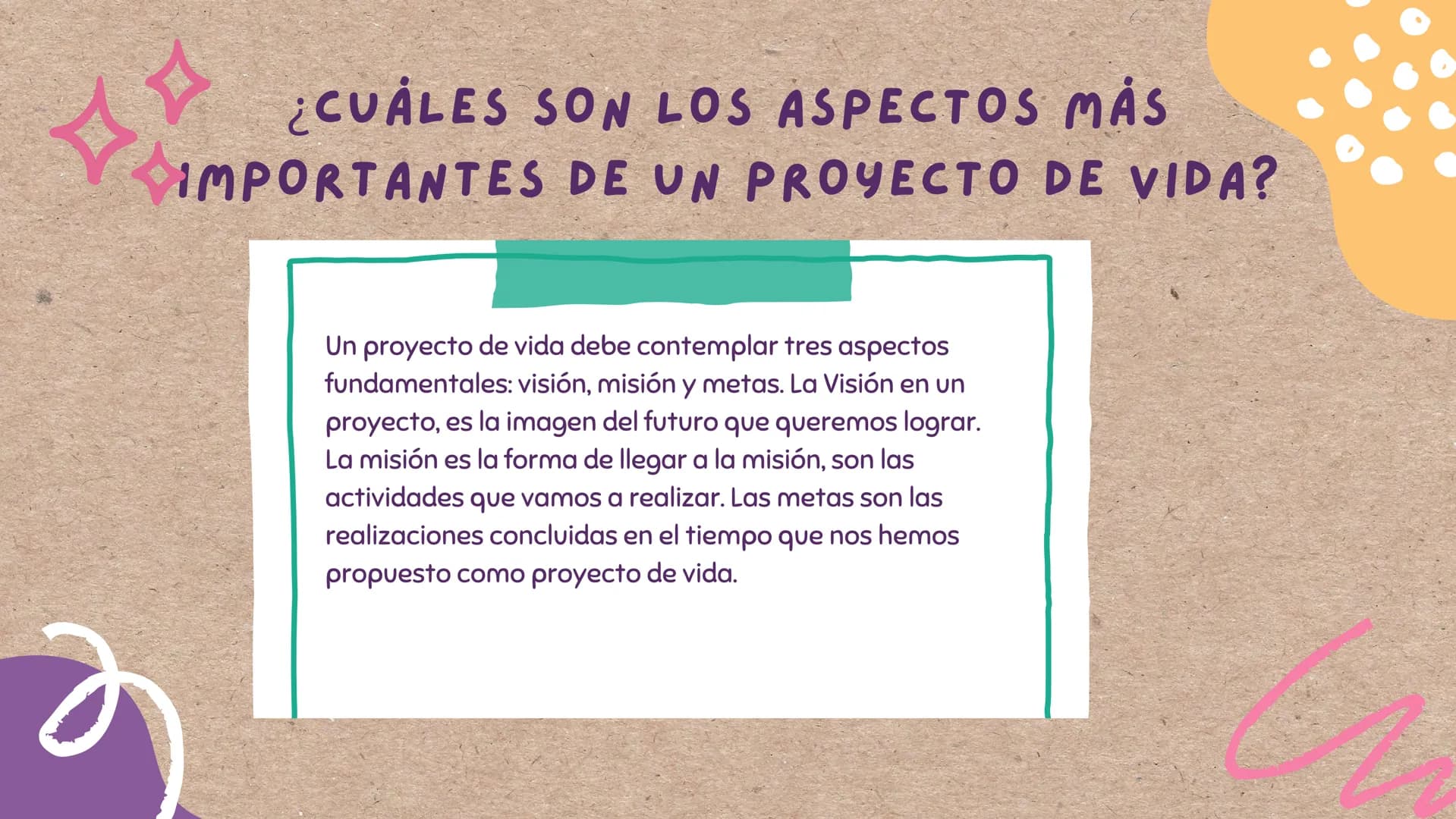 PROYECTO
DE VIDA
le г
¿QUÉ ES UN PROYECTO DE VIDA?
Un proyecto de vida es un plan
personal a largo o mediano plazo
que se piensa seguir a lo
