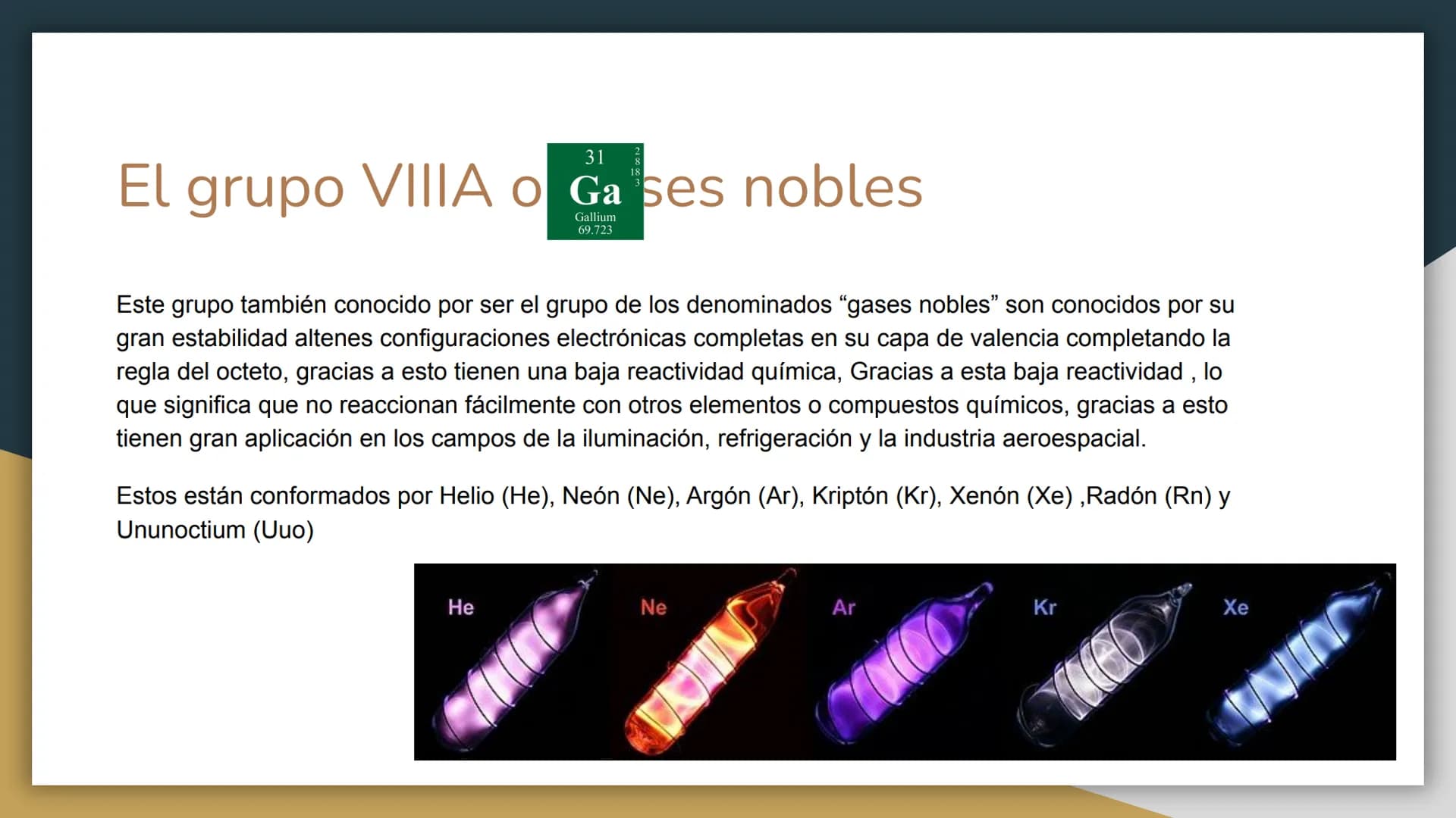 Grupo VIII A
De la tabla periódica 31
El grupo VIIIA O Gases nobles
Gallium
69.723
Este grupo también conocido por ser el grupo de los denom