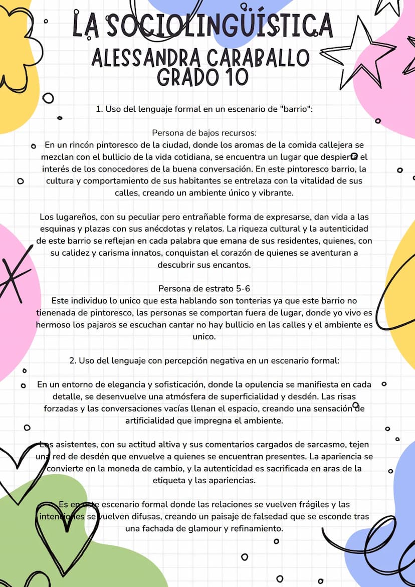 0
°
°
0
LA SOCIOLINGÜÍSTICA
ALESSANDRA CARABALLO
GRADO 10
1. Uso del lenguaje formal en un escenario de "barrio":
Persona de bajos recursos: