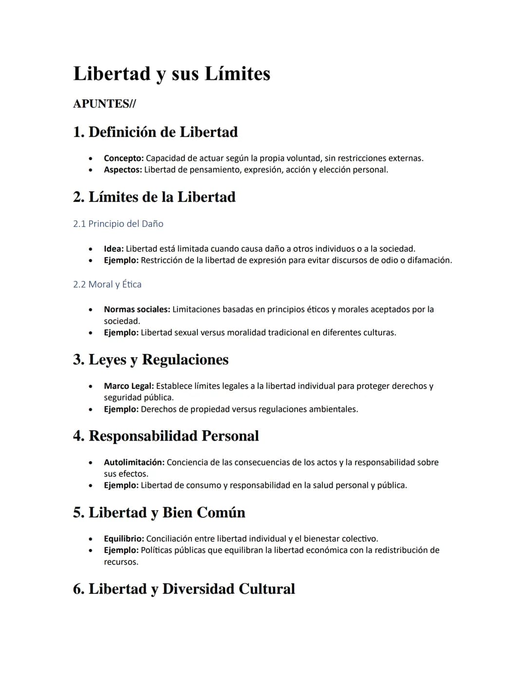 Libertad y sus Límites
APUNTES//
1. Definición de Libertad
•
Concepto: Capacidad de actuar según la propia voluntad, sin restricciones exter