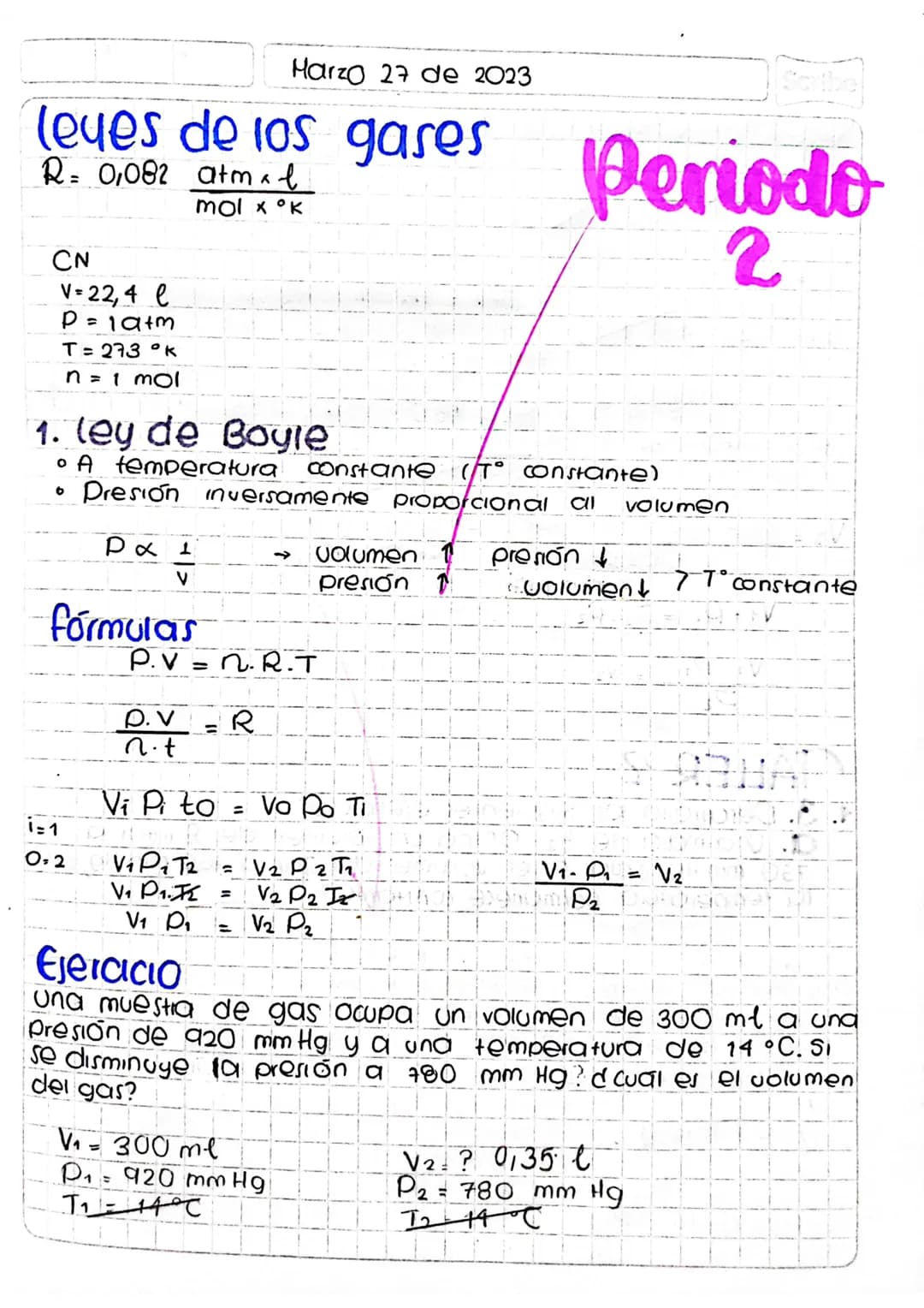 Harzo 27 de 2023
leyes de los gases
R= 0,082 atmal
CN
mol x °K
Periodo
2
V=22,4 e
P = = 19+m
T= 273 °K
n = 1 mol
1. ley de Boyle
• A tempera