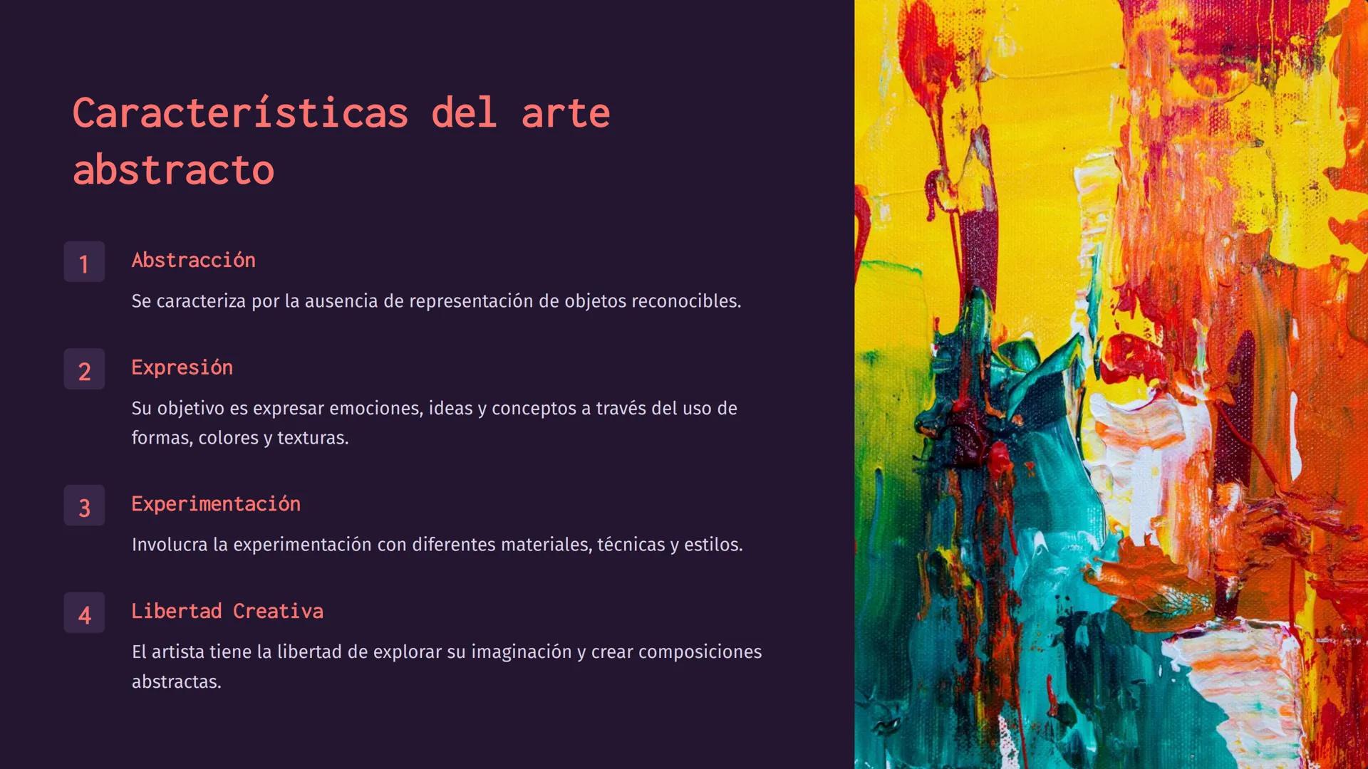 Introducción al
arte abstracto
El arte abstracto es una expresión artística que busca capturar
la esencia de las formas y los colores sin re
