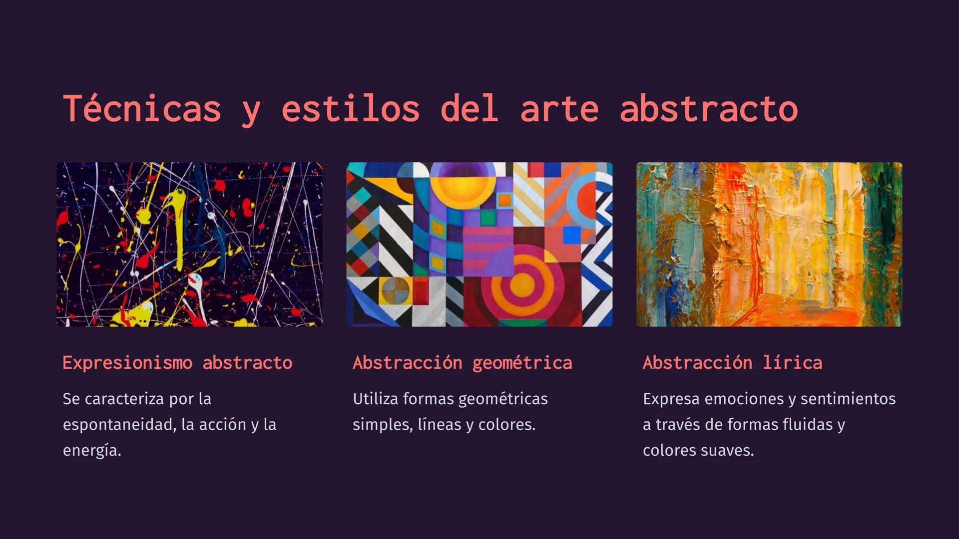 Introducción al
arte abstracto
El arte abstracto es una expresión artística que busca capturar
la esencia de las formas y los colores sin re