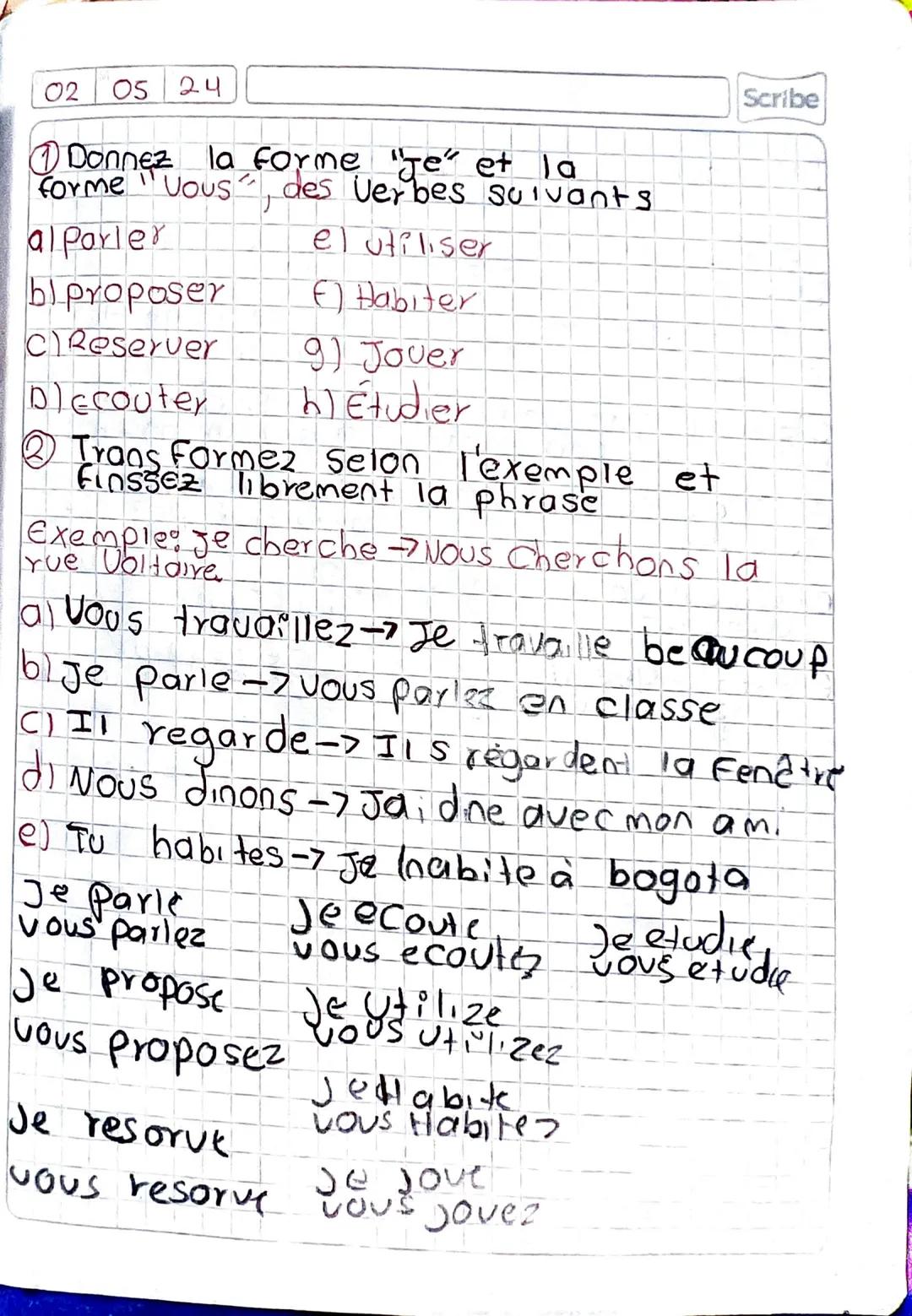 02 05 24

Donnez la forme "Je" et la
forme "Vous des Verbes suivants

al parler el utiliser

bl proposer E) Habiter

C) Reserver 9) Jouer

D