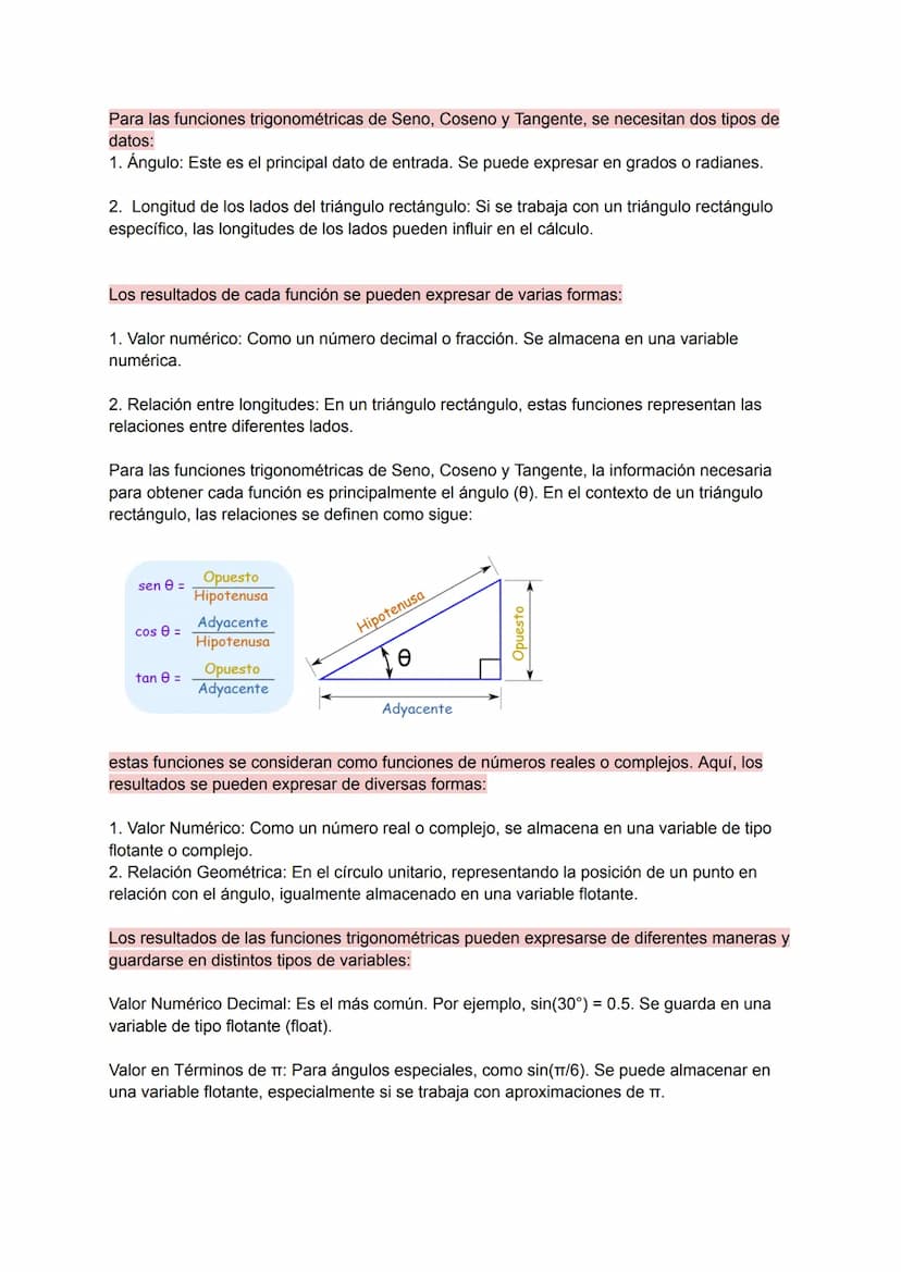 Para las funciones trigonométricas de Seno, Coseno y Tangente, se necesitan dos tipos de
datos:
1. Ángulo: Este es el principal dato de entr