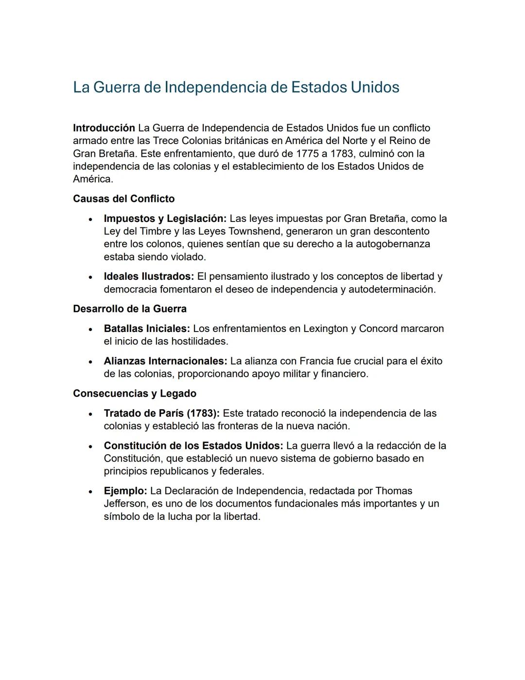 La Guerra de Independencia de Estados Unidos
Introducción La Guerra de Independencia de Estados Unidos fue un conflicto
armado entre las Tre