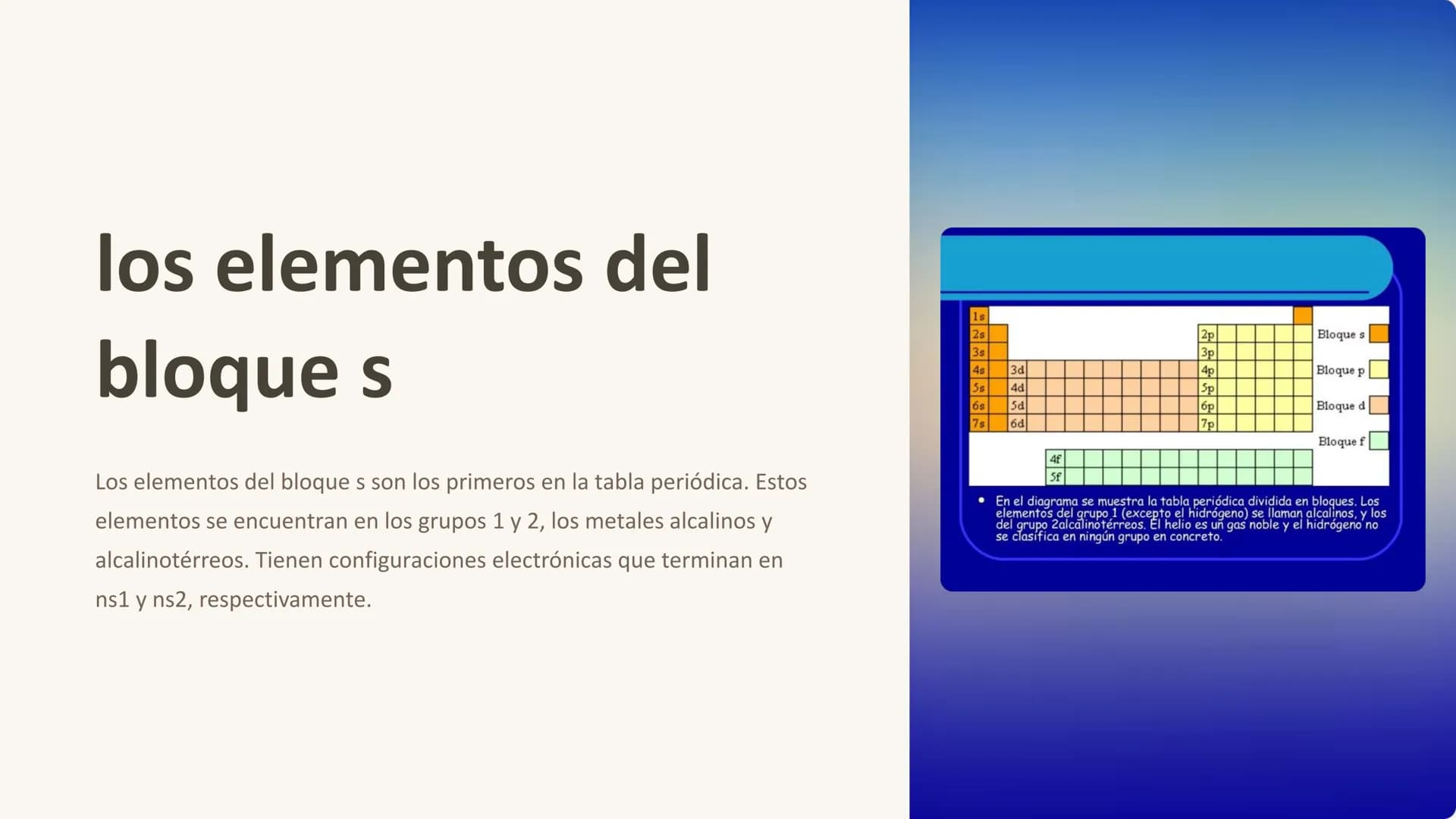 los elementos del
bloque s
Los elementos del bloques son los primeros en la tabla periódica. Estos
elementos se encuentran en los grupos 1 y