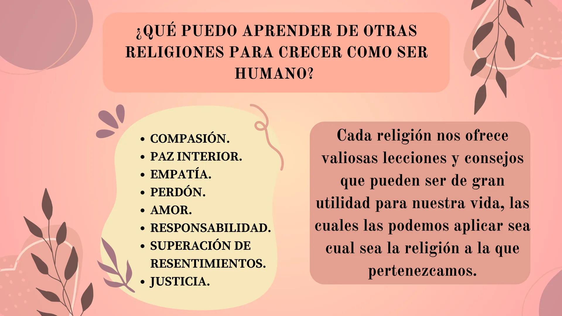 *Religiones
CÃO
+
3% ¿QUÉ PUEDO APRENDER DE OTRAS
RELIGIONES PARA CRECER COMO SER
HUMANO?
•
COMPASIÓN.
• PAZ INTERIOR.
•
•
EMPATÍA.
PERDÓN.
