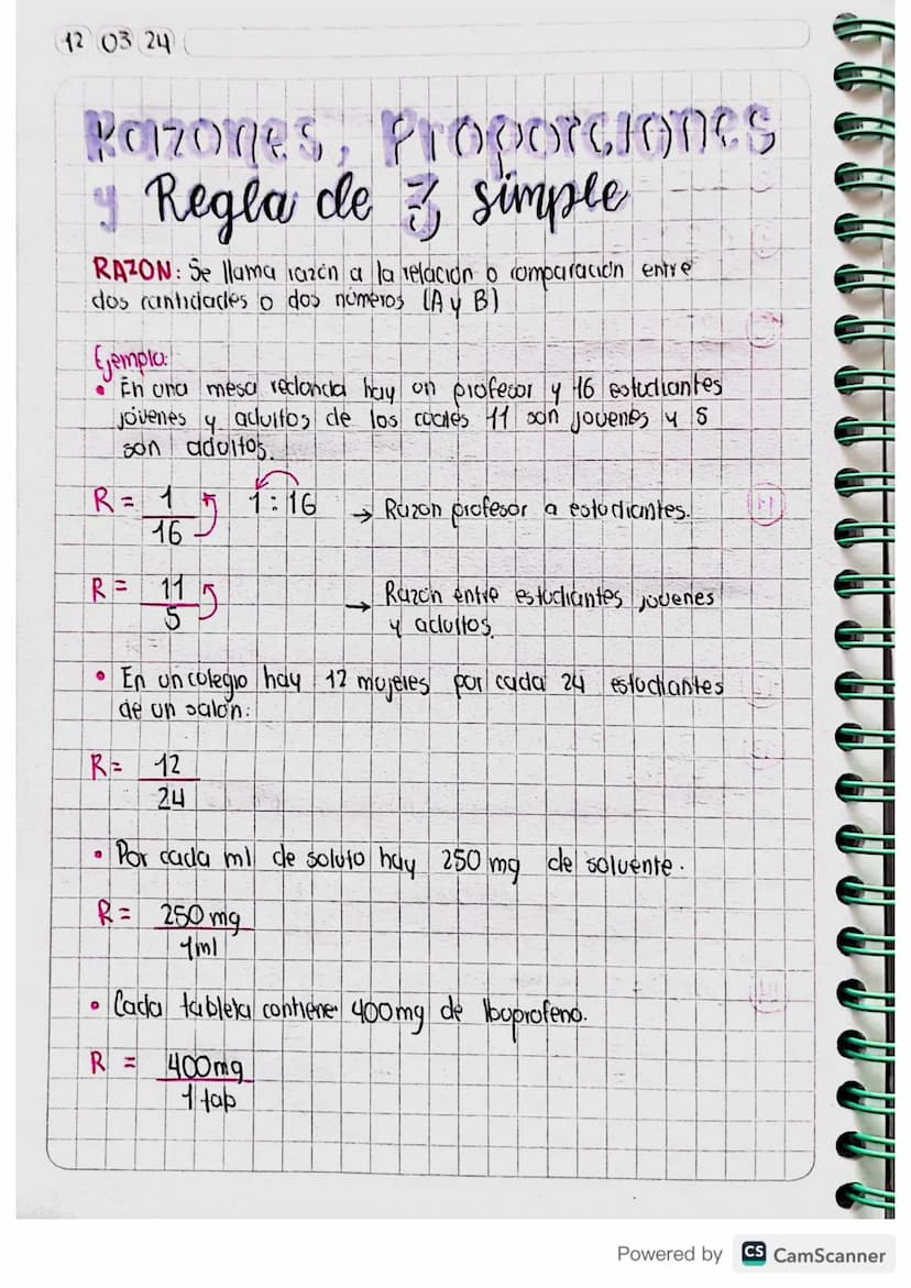 12 03 24
Razones, Proporciones
4 Regla de 3 simple
RAZON: Se llama azon a la relación o comparación entre
dos cantidades o dos números (Ay B