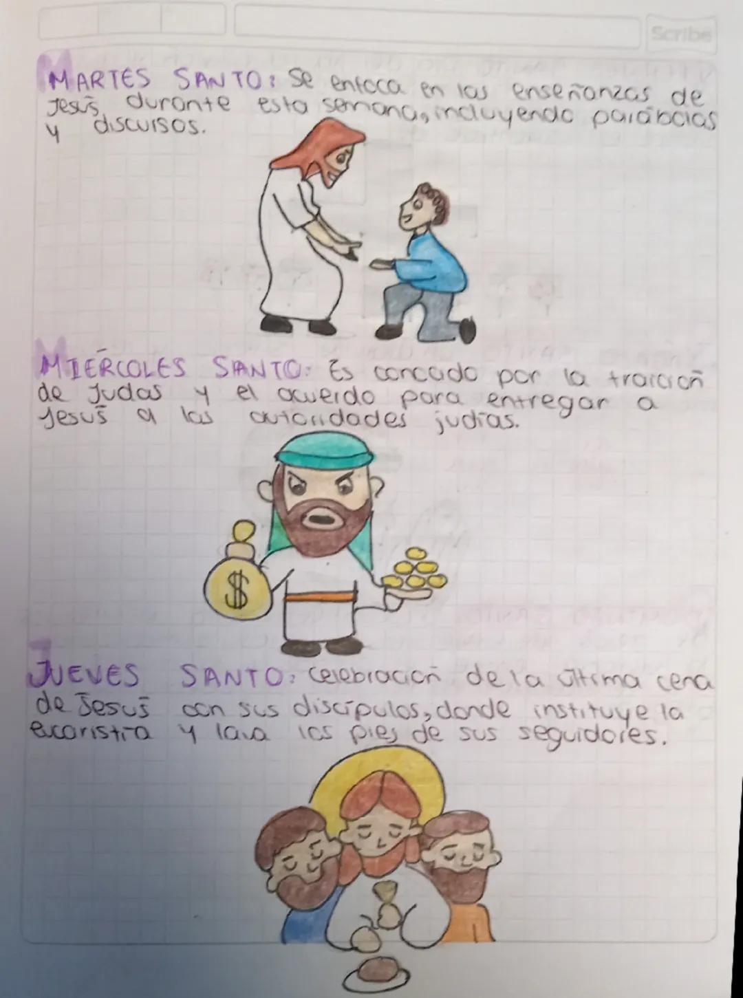 Scribe
# Semana Santa
DOMINGO DE RAMOS: Conmemora la entrada
triunfal de yesus en Jerusaleń, donde las per-
Sonas reabieion con ramas de pal