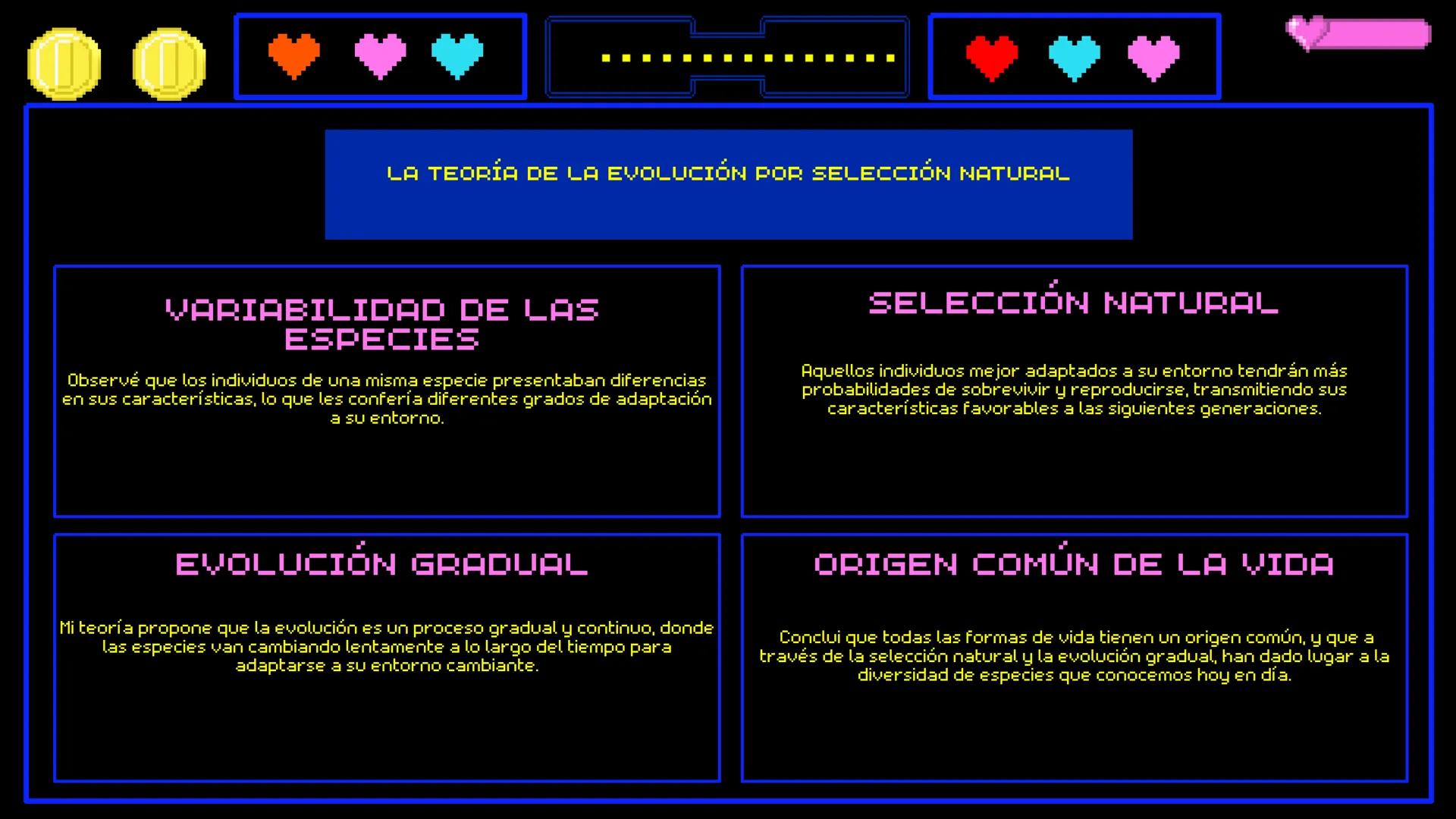 PLAYER 1
DANIELA JIMENEZ TABARES 9-2
PLAYER 2
DIARIO DE
VIAJE
SIGN IN MENU START
◆ CHARLES DARWIN MENU
<+01
07
12
INTRODUCCION
Hola, soy Cha