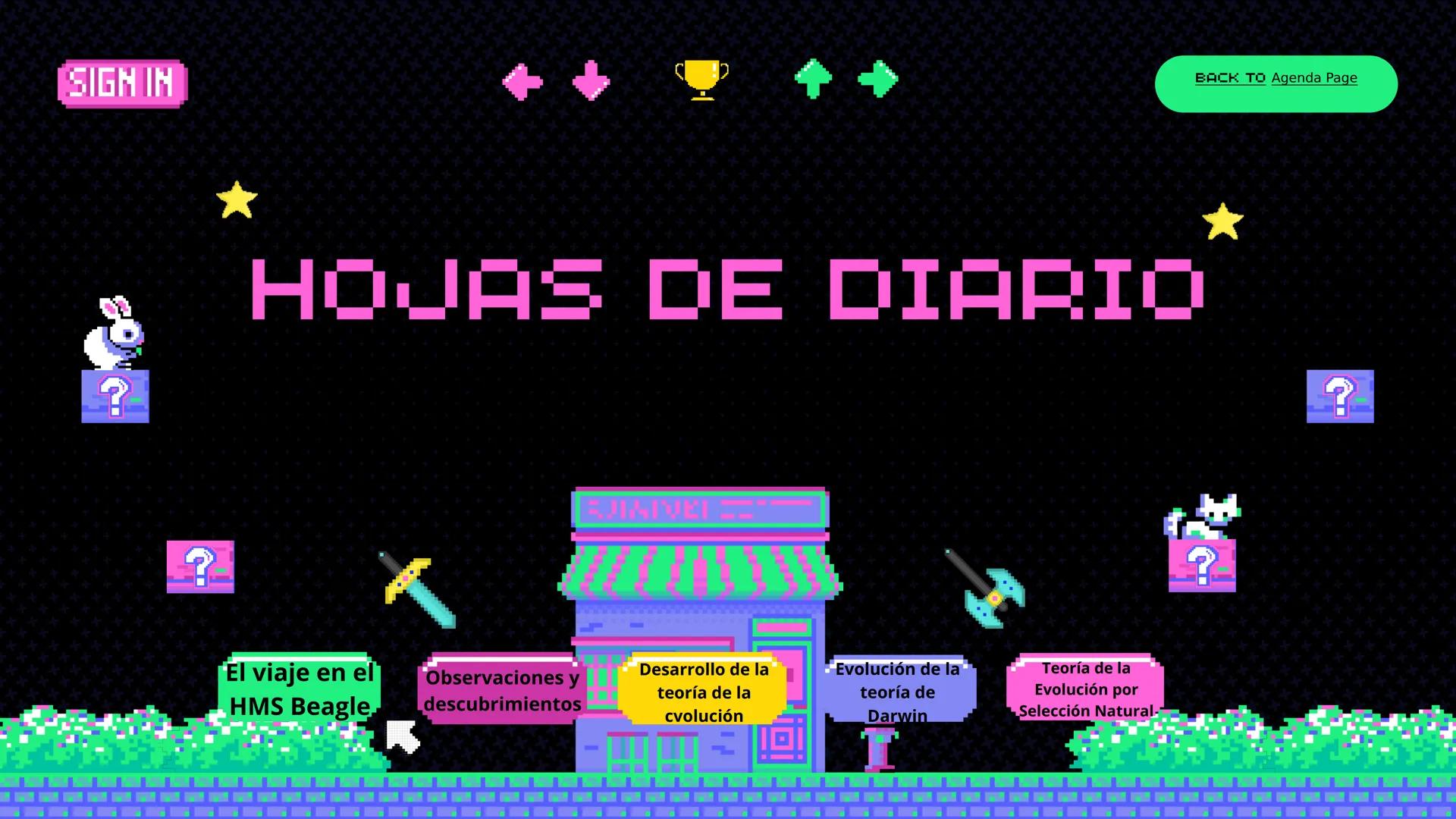 PLAYER 1
DANIELA JIMENEZ TABARES 9-2
PLAYER 2
DIARIO DE
VIAJE
SIGN IN MENU START
◆ CHARLES DARWIN MENU
<+01
07
12
INTRODUCCION
Hola, soy Cha