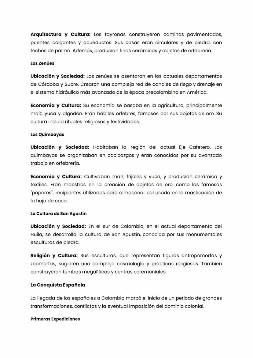 Historia de Colombia: Culturas Precolombinas y Conquista
Española
Culturas Precolombinas
Las culturas precolombinas de Colombia se caracteri